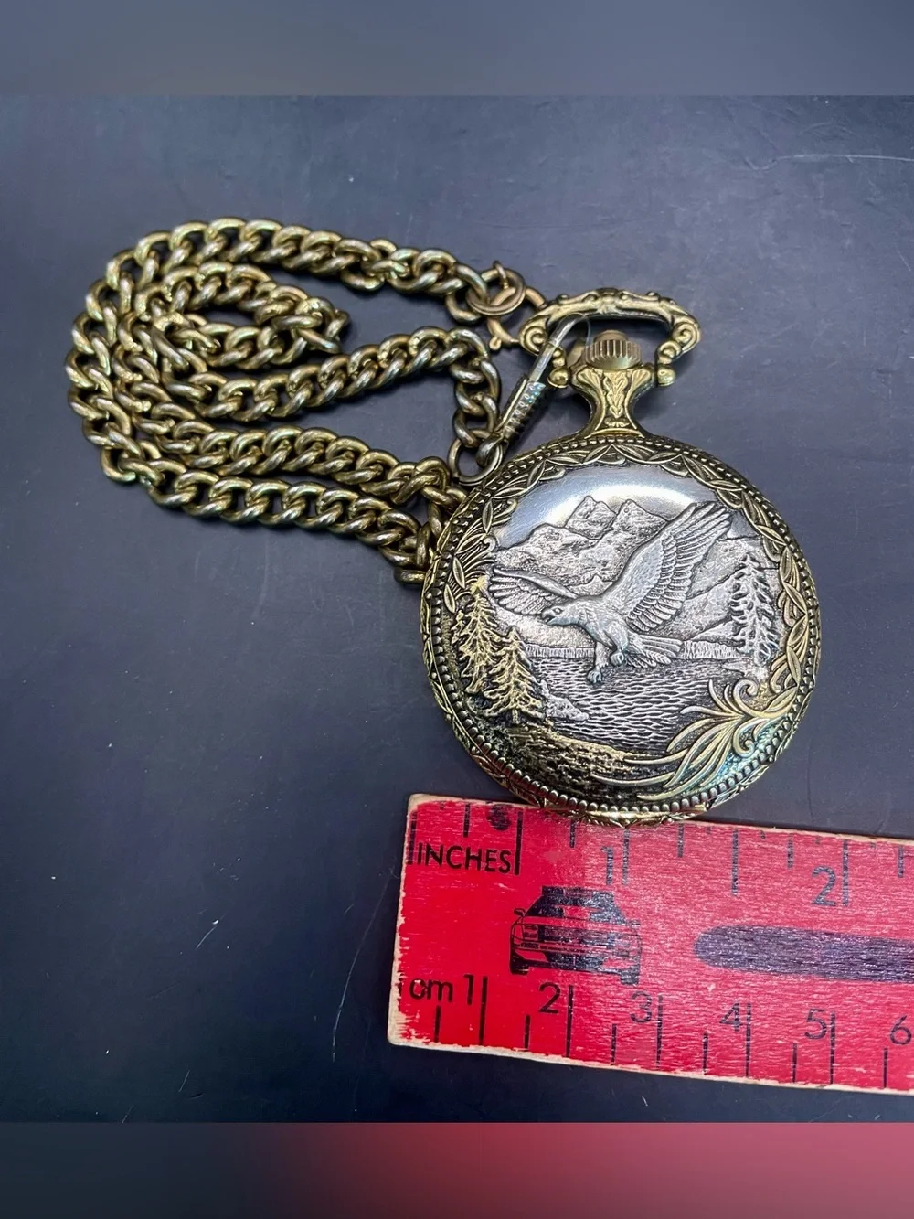 Armitron Eagle Pocket Watch w/Chain Men Gold Silver Two Tone Black Hills Leaves